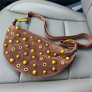 Chocolate brown crossbody with studded gold details